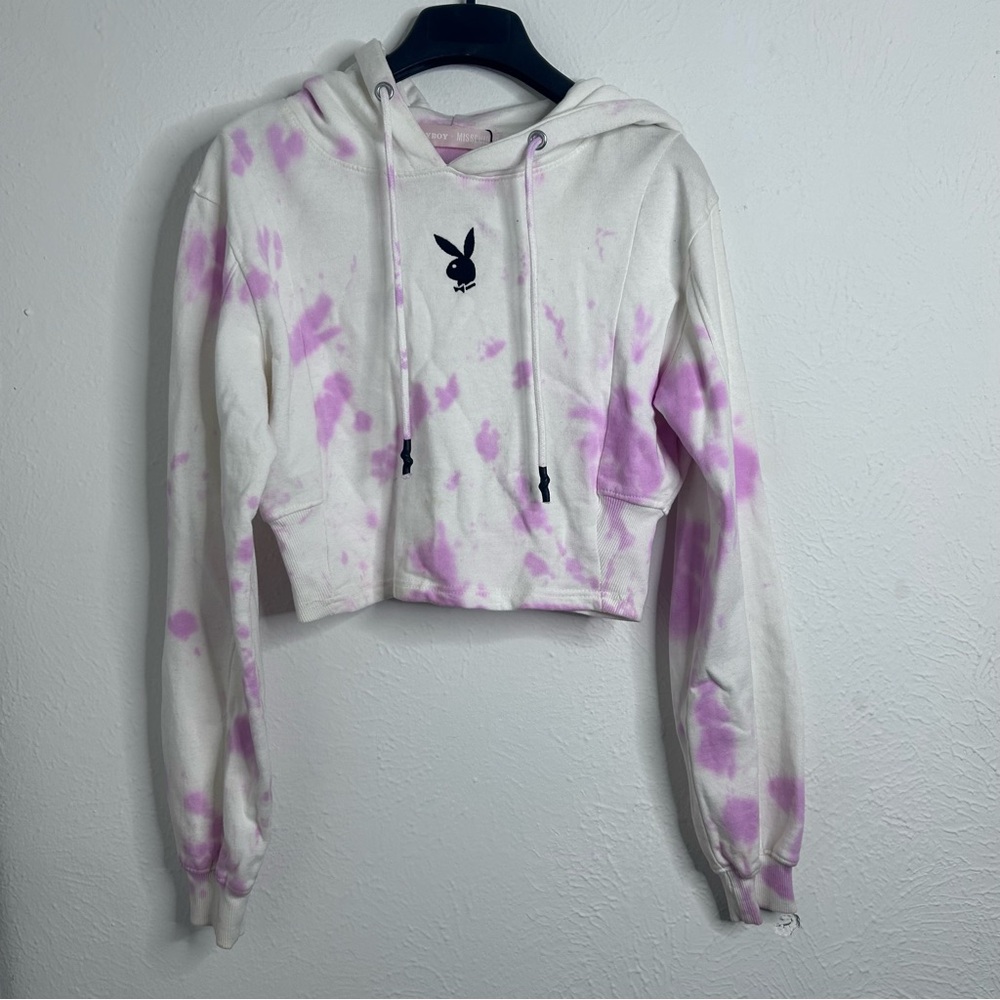 Playboy Missguided Hoodie Cream with Pink Tie Dye